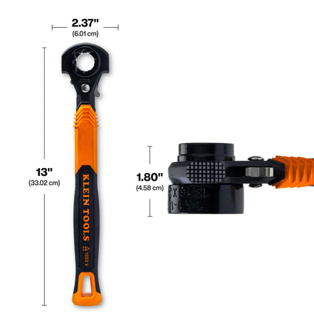 Dimension callouts for Klein KT171HFINS ratcheting lineman wrench showing 13-inch overall length, 2.37-inch head width, and 1.80-inch socket height.