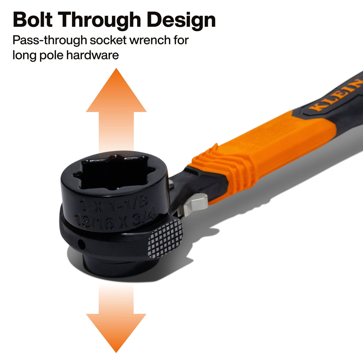 Pass-through socket diagram illustrating how long utility pole bolts extend through the Klein KT171HFINS ratcheting wrench head during installation.