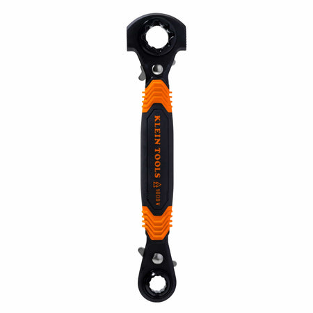 Klein Tools KT175HFINS 7-in-1 insulated ratcheting lineman wrench featuring 1000V rated orange grip handle and dual socket ends.