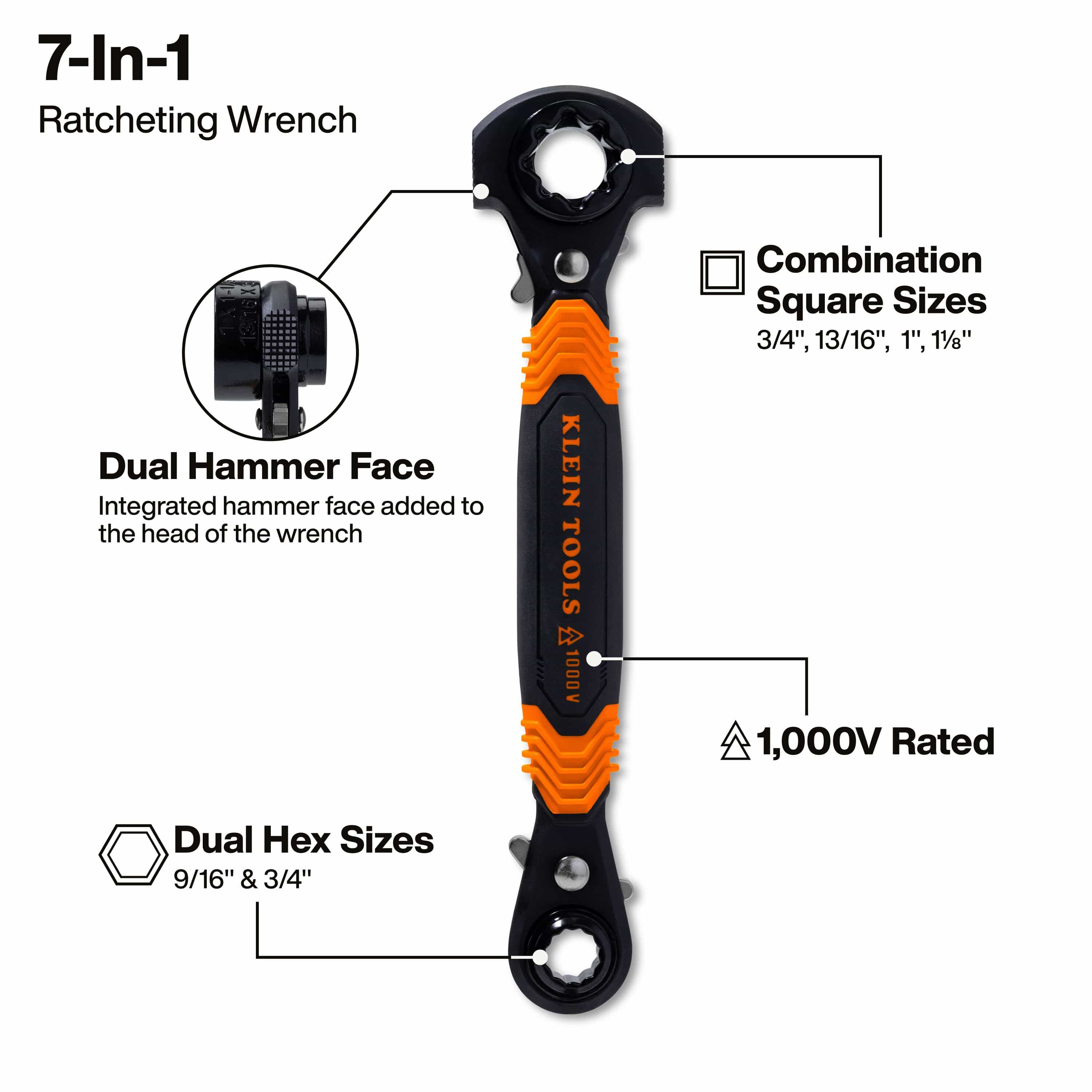 Feature diagram of Klein KT175HFINS wrench calling out 3/4, 13/16, 1, and 1-1/8 inch square sockets, 9/16 and 3/4 inch hex sizes, and dual hammer faces.