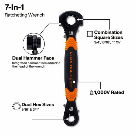 Feature diagram of Klein KT175HFINS wrench calling out 3/4, 13/16, 1, and 1-1/8 inch square sockets, 9/16 and 3/4 inch hex sizes, and dual hammer faces.