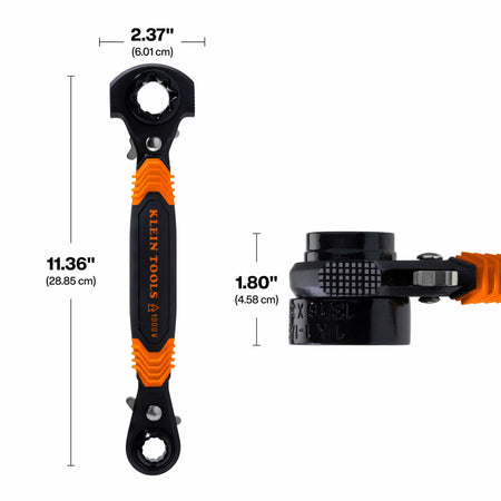 Dimension callouts for Klein KT175HFINS ratcheting wrench indicating an 11.36-inch length, 2.37-inch head width, and 1.80-inch socket height.