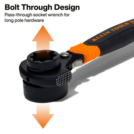 Pass-through socket graphic demonstrating how long utility pole bolts extend completely through the Klein KT175HFINS ratcheting wrench head.