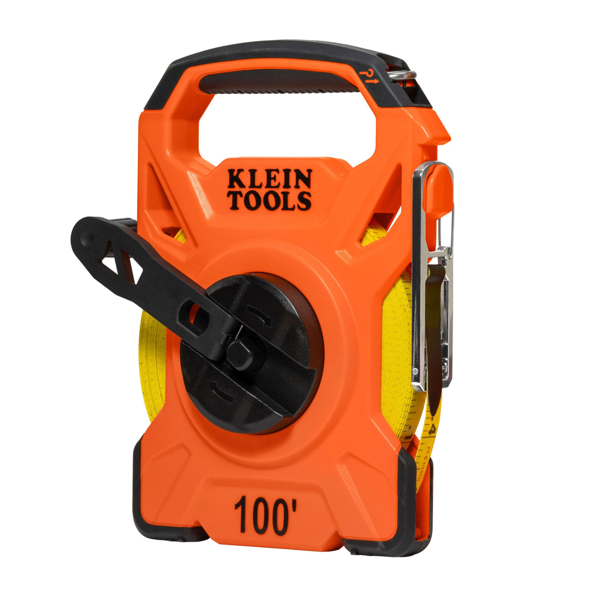 Klein Tools 94100RT 100-foot open reel tape measure featuring non-stretch PVC-coated fiberglass blade and orange high-impact housing.