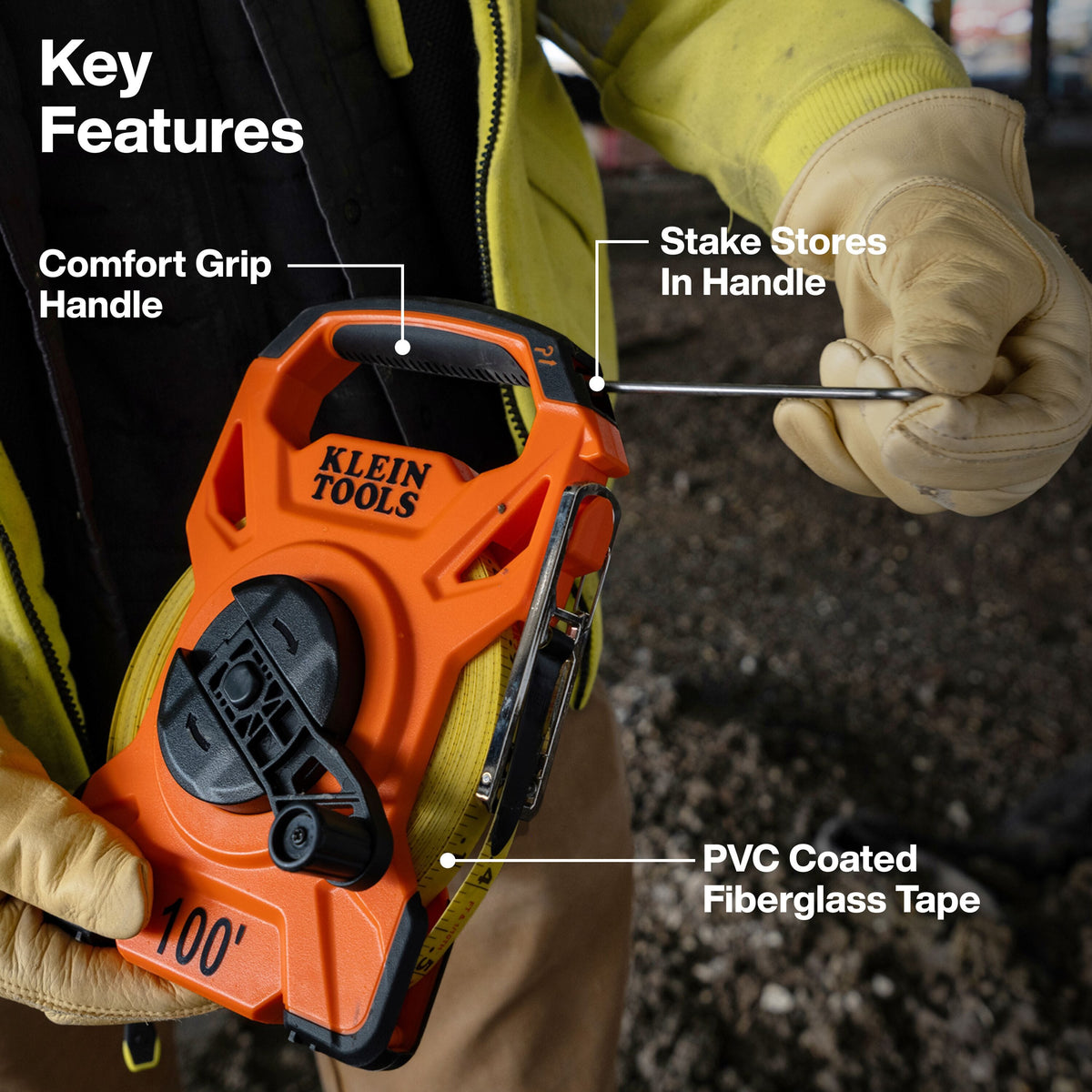 Feature callout graphic detailing the comfort grip handle, handle-stored ground stake, and non-stretch PVC-coated fiberglass blade.