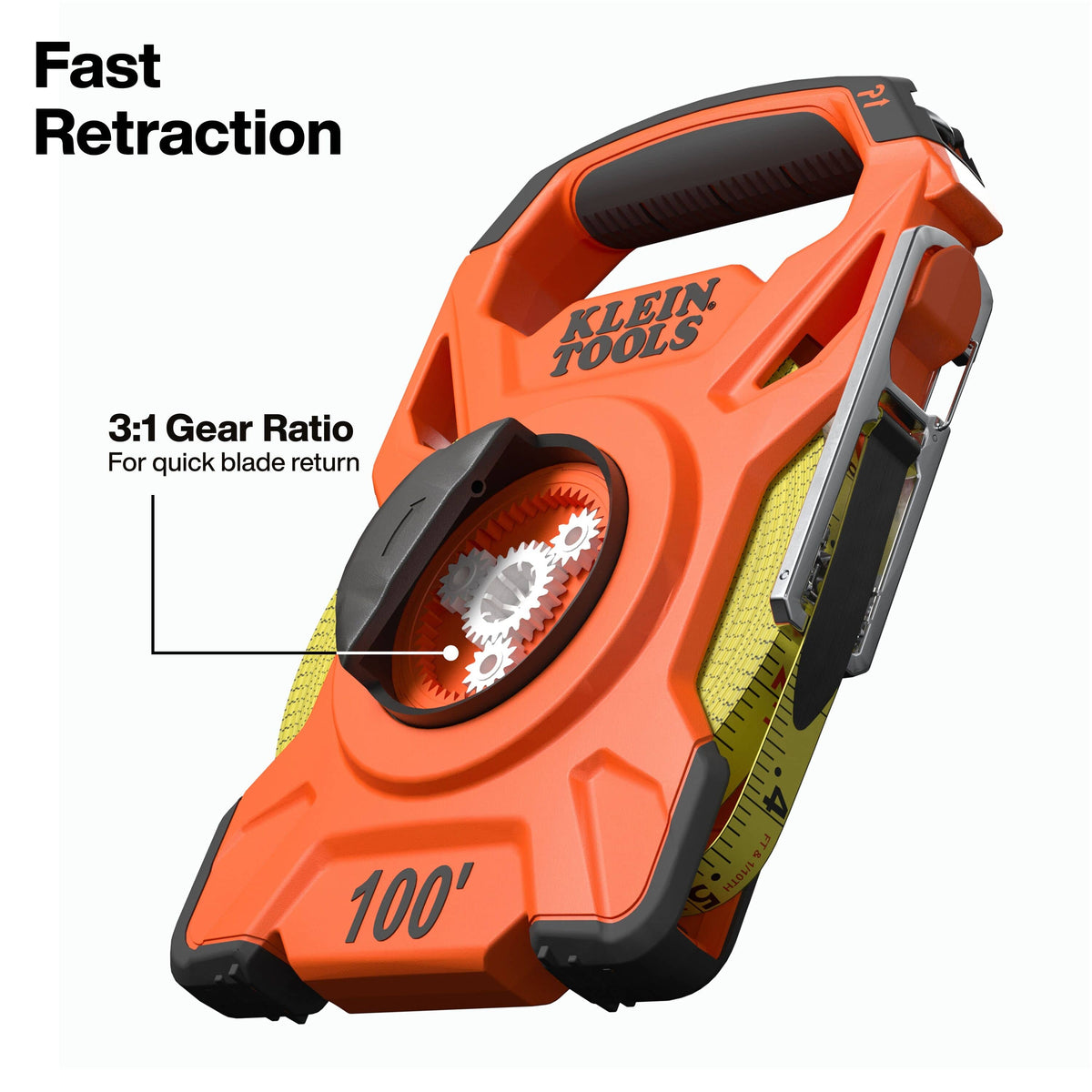 Internal planetary gear cutaway illustration demonstrating the 3:1 gear ratio designed for fast 100-foot blade manual retraction.