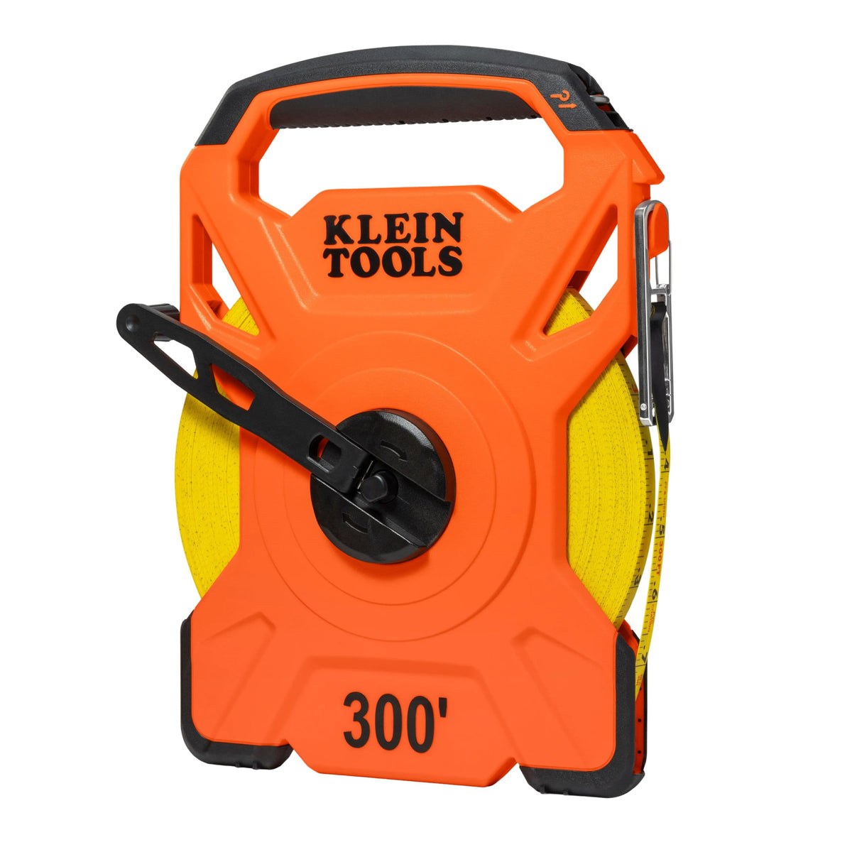 Klein Tools 94300RT 300-foot open reel tape measure with a non-stretch PVC-coated fiberglass blade and orange high-impact housing.