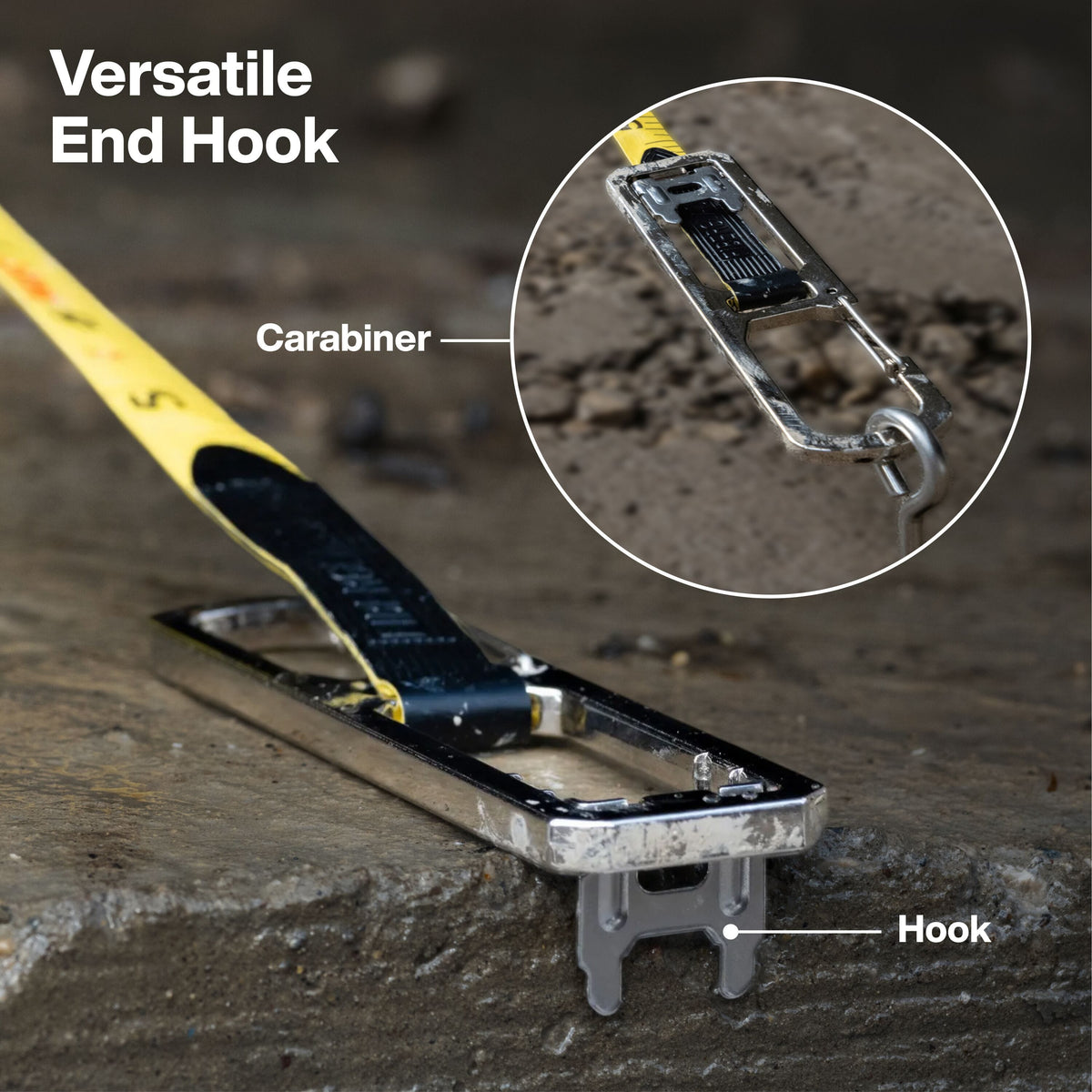 Dual-end hook system showing the carabiner anchoring to a pin and the end hook latching onto concrete forms for solo surveying.
