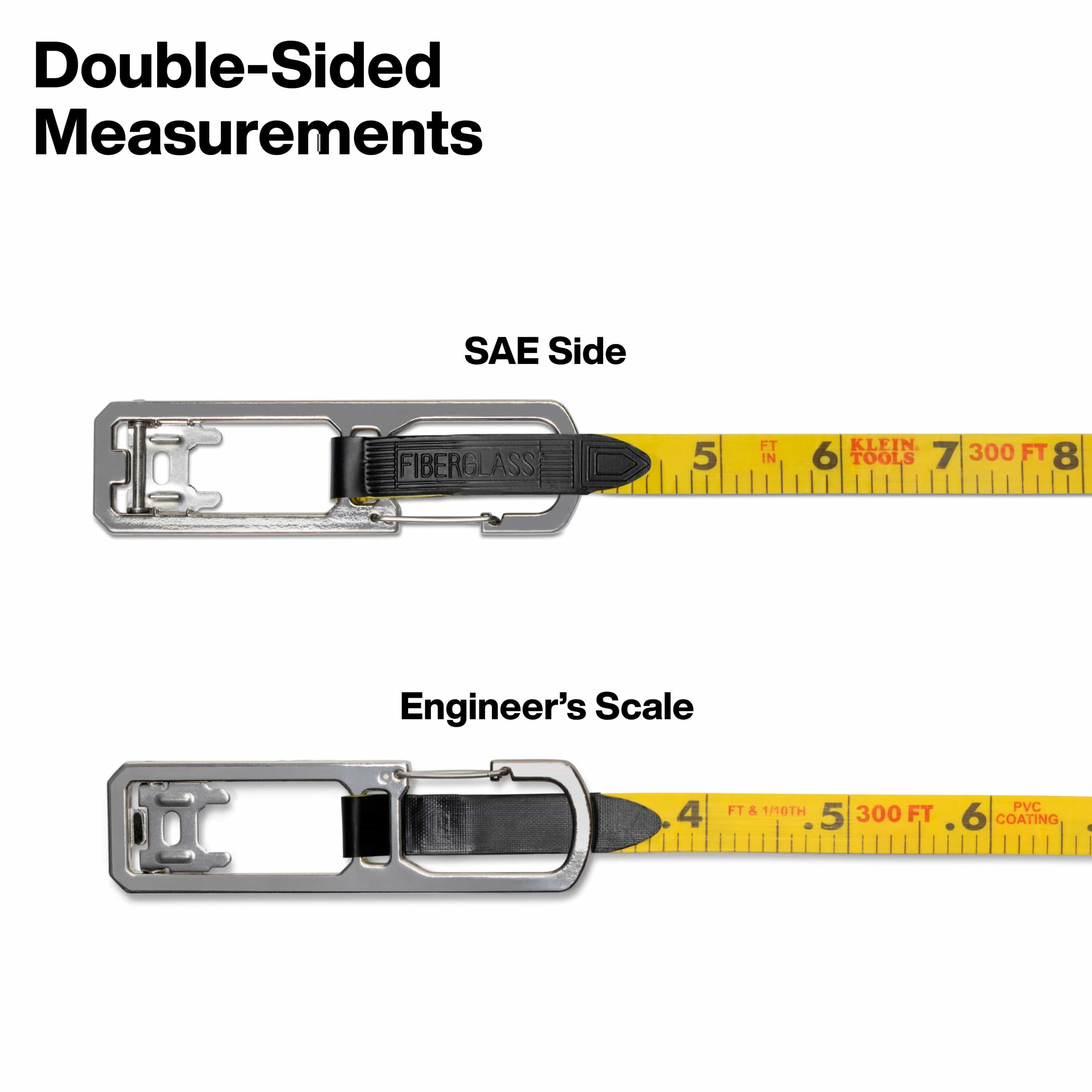 Double-sided blade markings displaying standard SAE feet and inches on one side and a 1/10th-foot engineer's scale on the reverse.