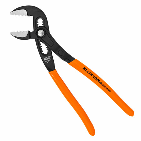 Klein Tools D50510BS 10-inch quick-adjust pump pliers with open straight jaws and orange plastic-dipped handles for plumbing pipe work.