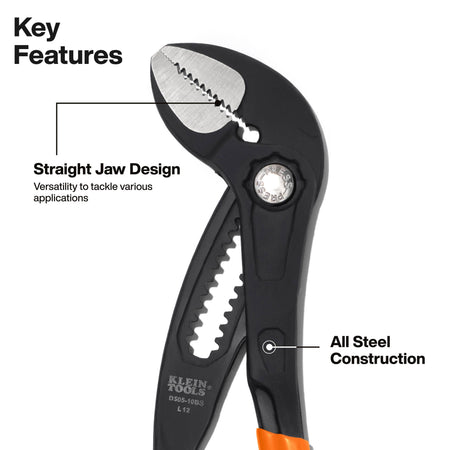 Feature breakdown of Klein Tools D50510BS pliers emphasizing straight jaw design for versatile gripping and all-steel body construction.