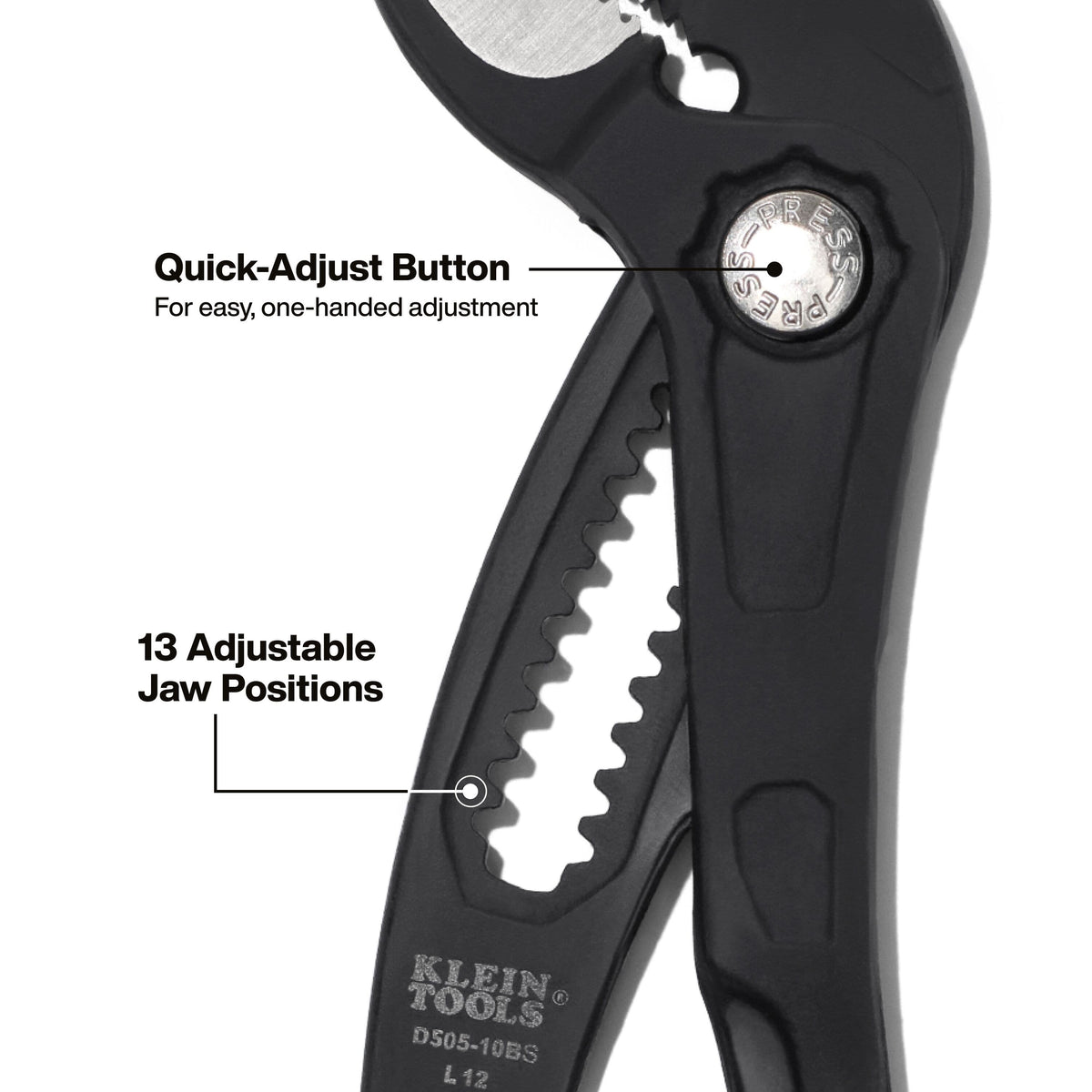 Heat-treated straight jaws on Klein pump pliers showing directional tooth geometry for reduced wear and positive non-slip torque transfer.