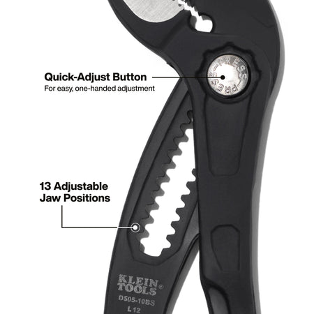 Heat-treated straight jaws on Klein pump pliers showing directional tooth geometry for reduced wear and positive non-slip torque transfer.