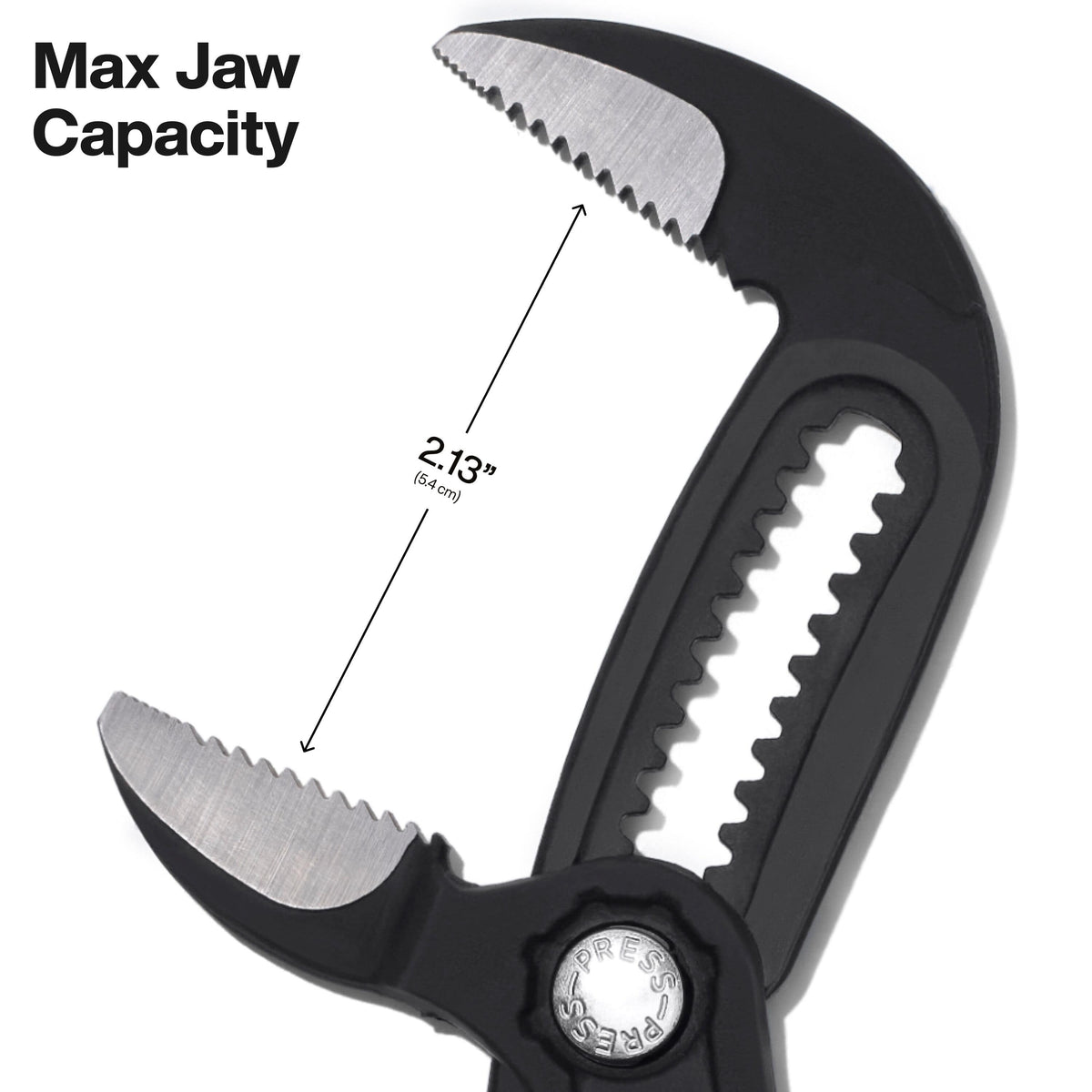 Fully opened straight jaws on Klein D50510BS pump pliers demonstrating a maximum jaw capacity measurement of 2.13 inches.