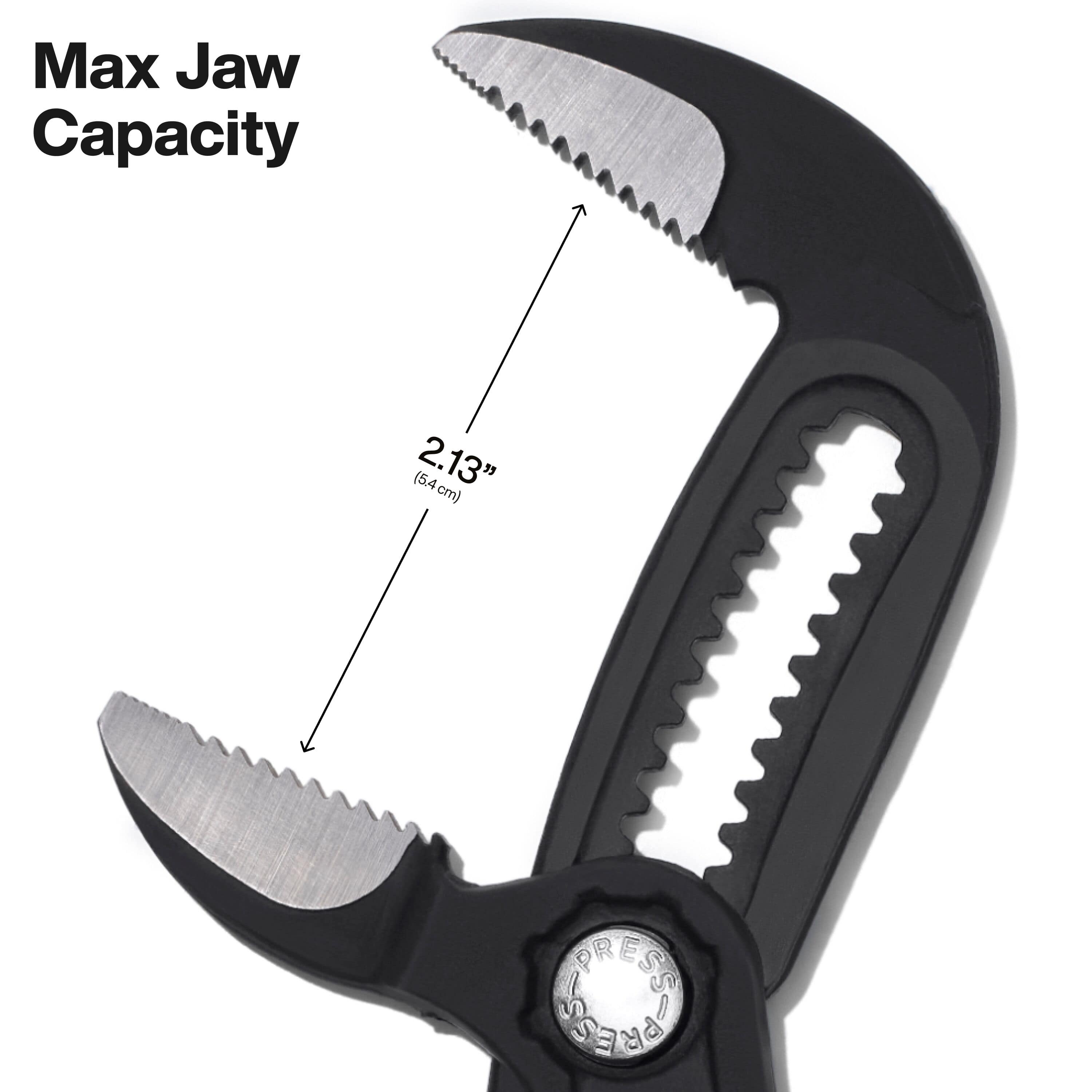 Fully opened straight jaws on Klein D50510BS pump pliers demonstrating a maximum jaw capacity measurement of 2.13 inches.