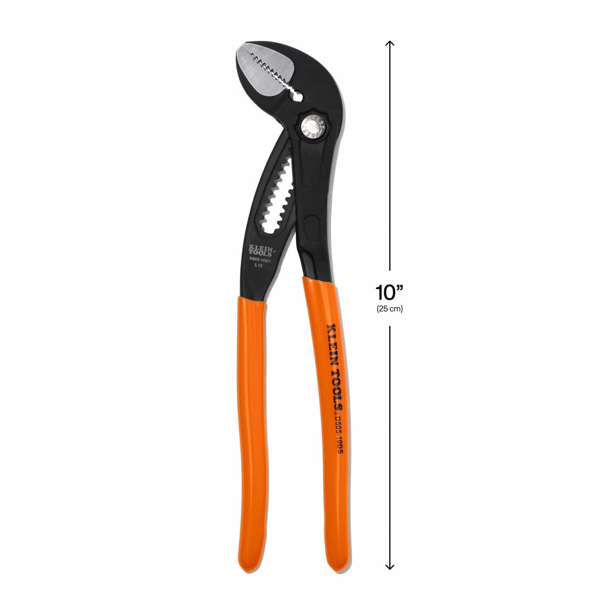 Overall length dimension diagram showing the 10-inch total profile of Klein Tools D50510BS straight jaw quick-adjust pump pliers.