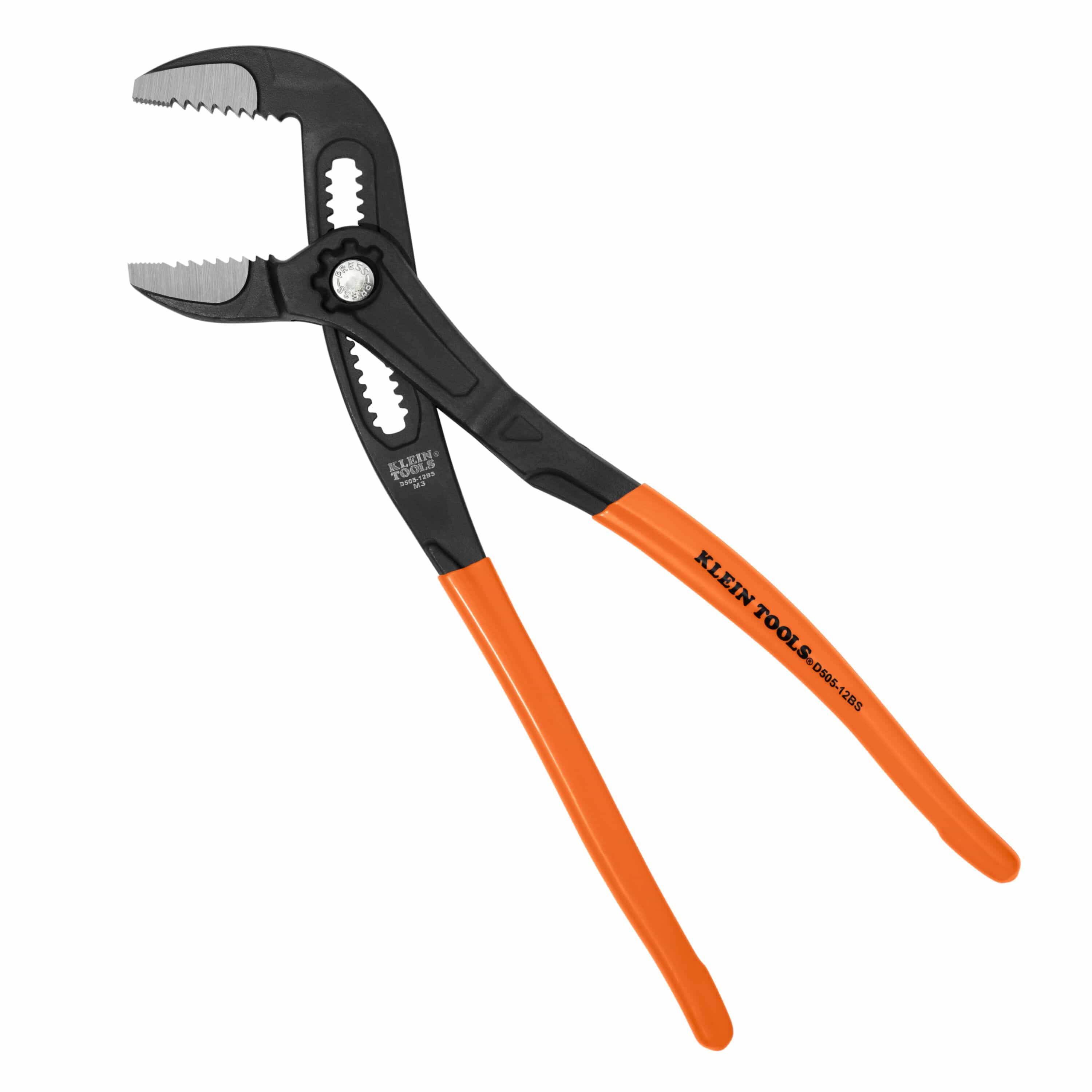 Klein Tools D50512BS 12-inch quick-adjust pump pliers with open straight jaws and orange plastic-dipped handles for heavy plumbing pipe work.