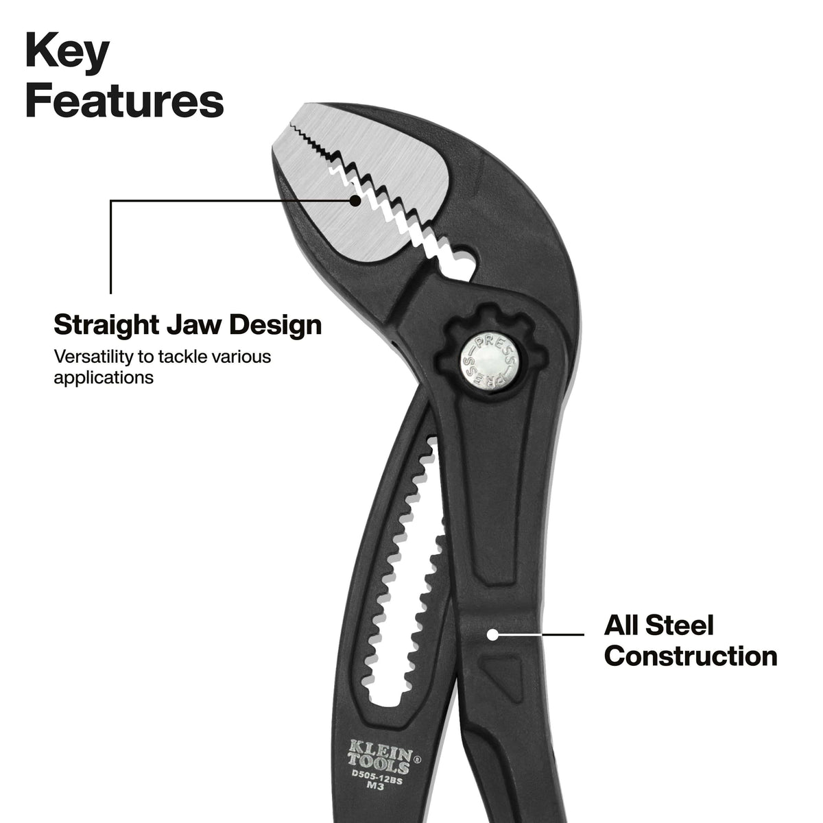 Feature breakdown diagram highlighting the straight jaw design and all-steel forged body construction of Klein Tools D50512BS pump pliers.