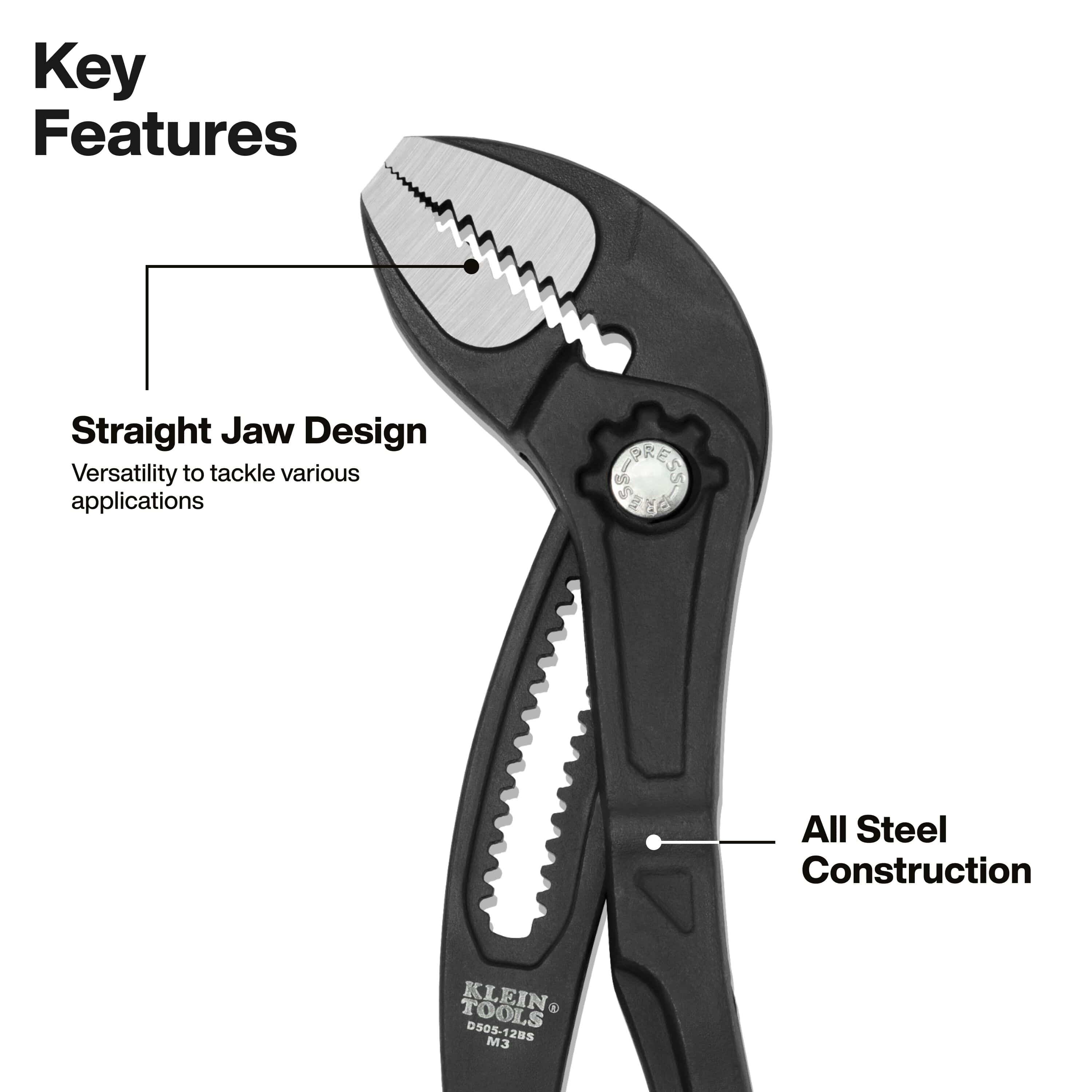 Feature breakdown diagram highlighting the straight jaw design and all-steel forged body construction of Klein Tools D50512BS pump pliers.