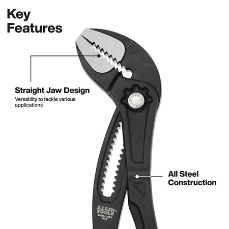 Feature breakdown diagram highlighting the straight jaw design and all-steel forged body construction of Klein Tools D50512BS pump pliers.