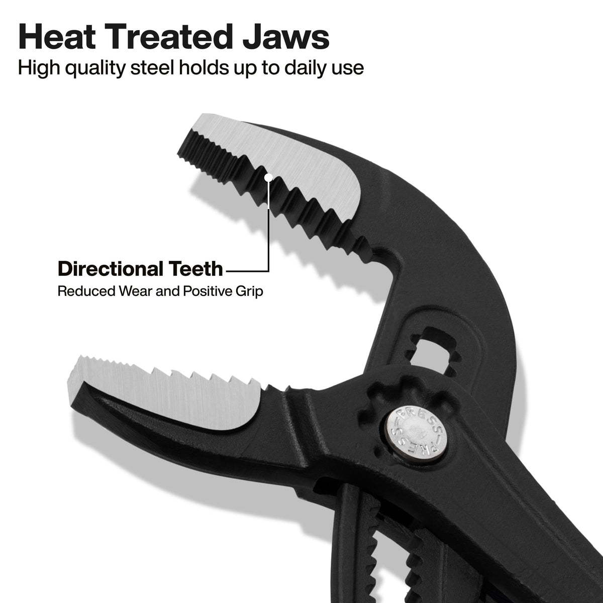 Close-up of heat-treated straight jaws on Klein pump pliers showing directional teeth engineered for reduced wear and positive pipe gripping.