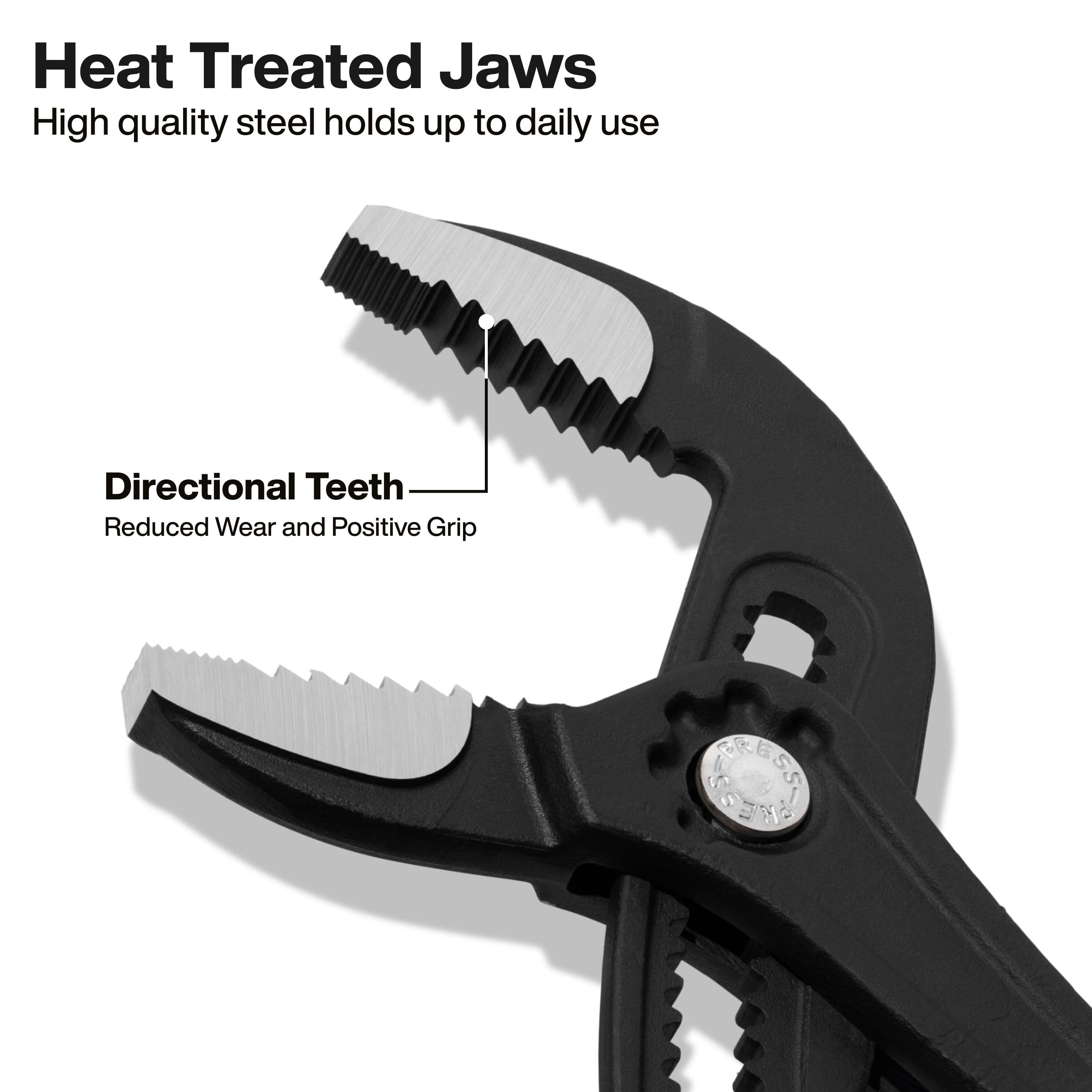 Close-up of heat-treated straight jaws on Klein pump pliers showing directional teeth engineered for reduced wear and positive pipe gripping.