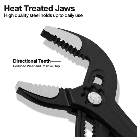 Close-up of heat-treated straight jaws on Klein pump pliers showing directional teeth engineered for reduced wear and positive pipe gripping.