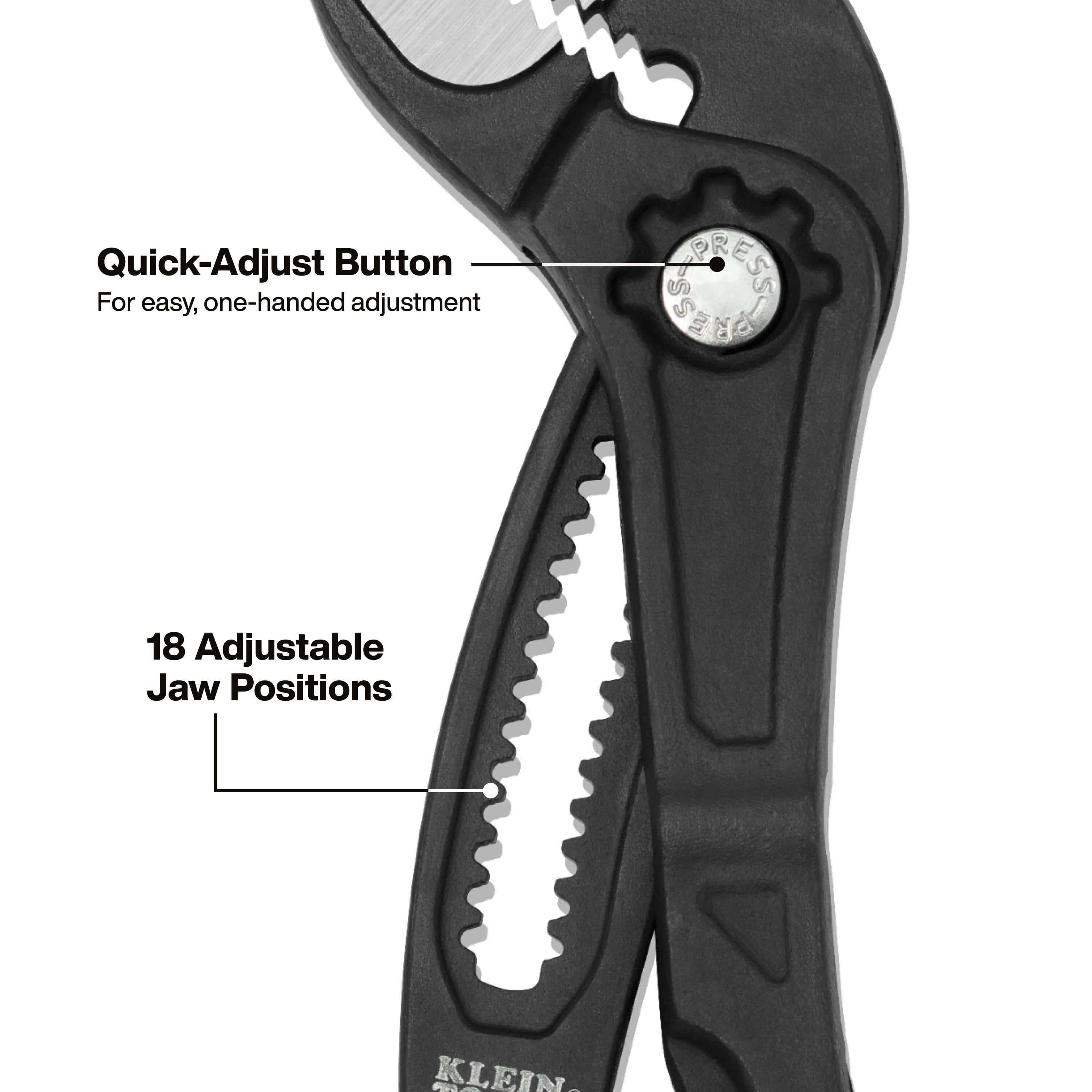 Detail of the quick-adjust push button on Klein D50512BS pliers showing 18 adjustable jaw positions for precise one-handed sizing.