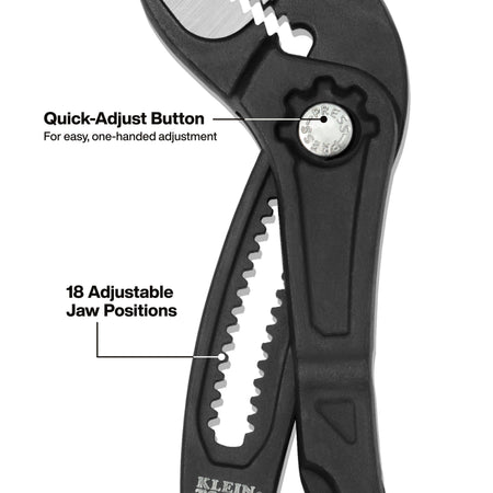 Detail of the quick-adjust push button on Klein D50512BS pliers showing 18 adjustable jaw positions for precise one-handed sizing.