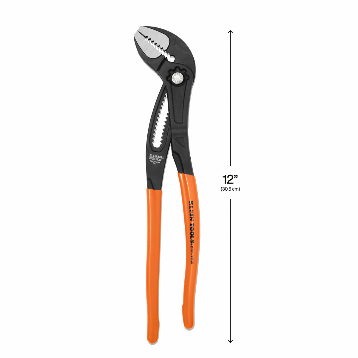 Detail of the quick-adjust push button on Klein D50512BS pliers showing 18 adjustable jaw positions for precise one-handed sizing.