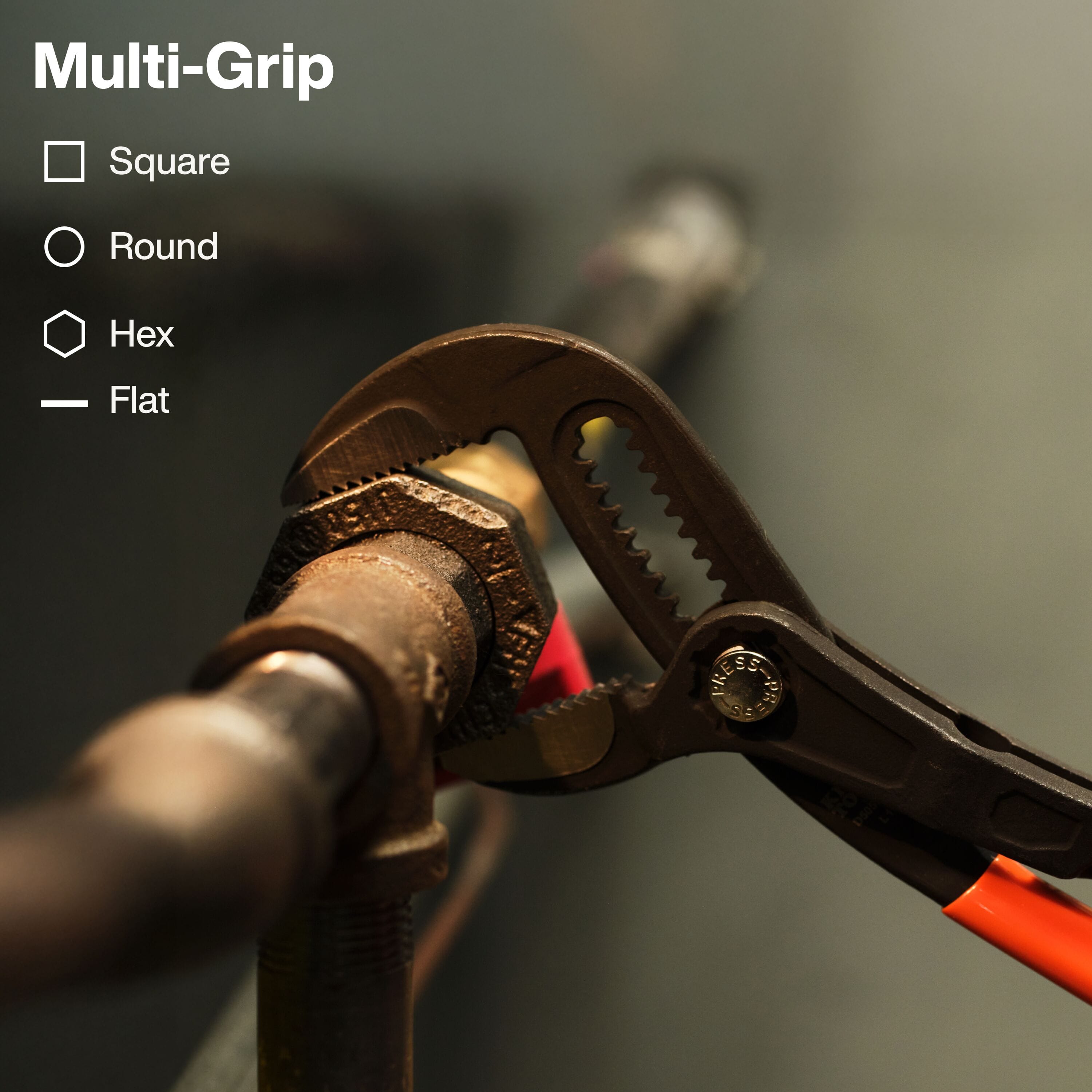 Klein Tools D50512BS pliers gripping a rusted pipe coupling demonstrating multi-grip versatility on square, round, hex, and flat stock.