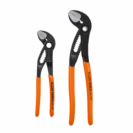 Klein Tools D5052BS 2-piece set featuring 7-inch and 10-inch quick-adjust straight jaw pump pliers with orange dipped handles.