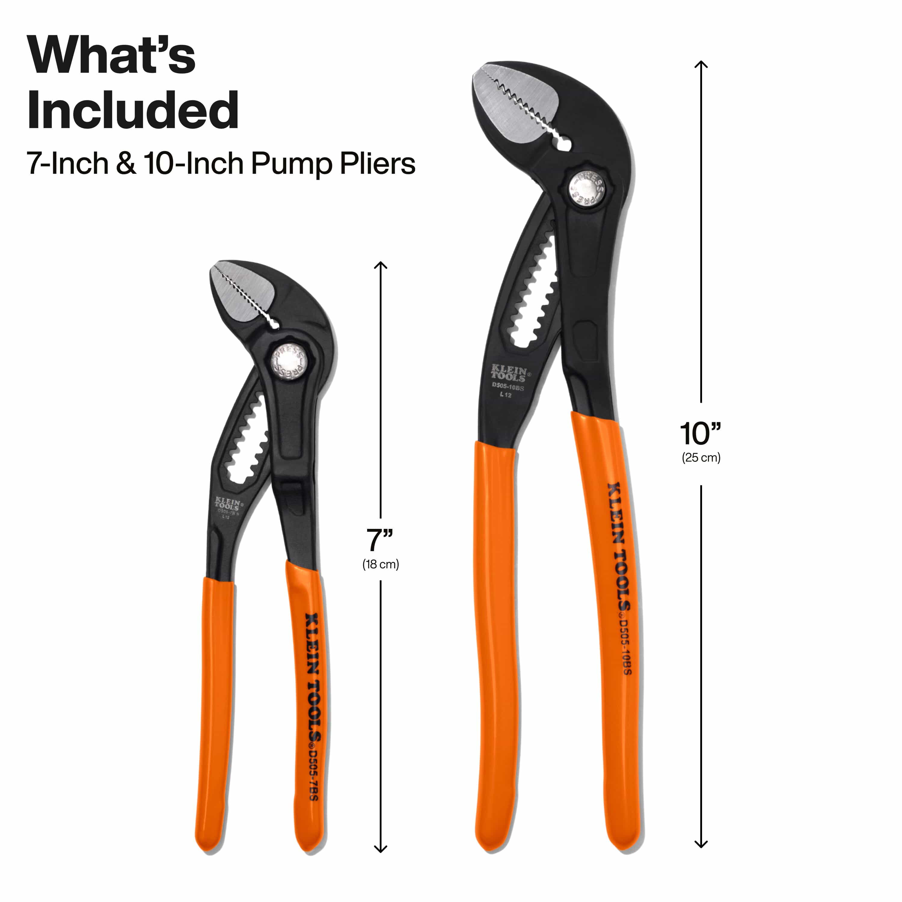 Length dimension diagram for Klein D5052BS plier set showing 7-inch (18 cm) and 10-inch (25 cm) overall tool sizes.
