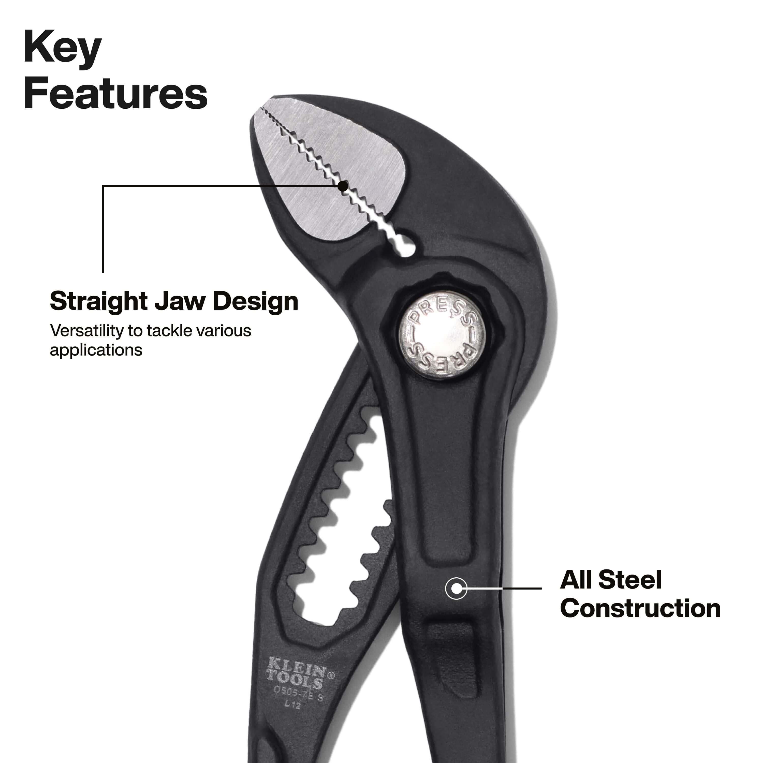 Feature graphic highlighting the straight jaw design and all-steel forged body construction on Klein D5052BS pump pliers.