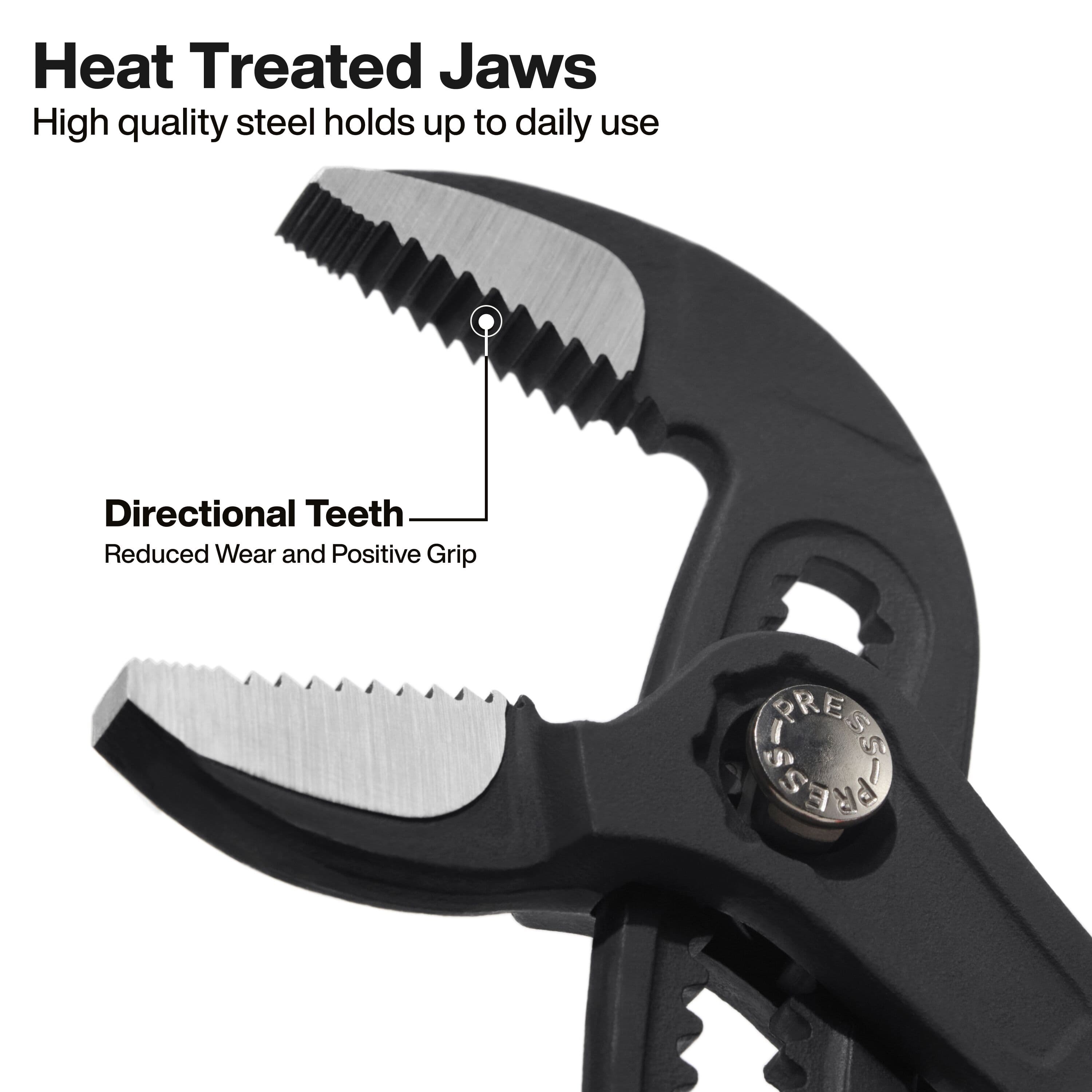 Heat-treated straight jaws on Klein pump pliers showing directional teeth for reduced wear and non-slip gripping torque.