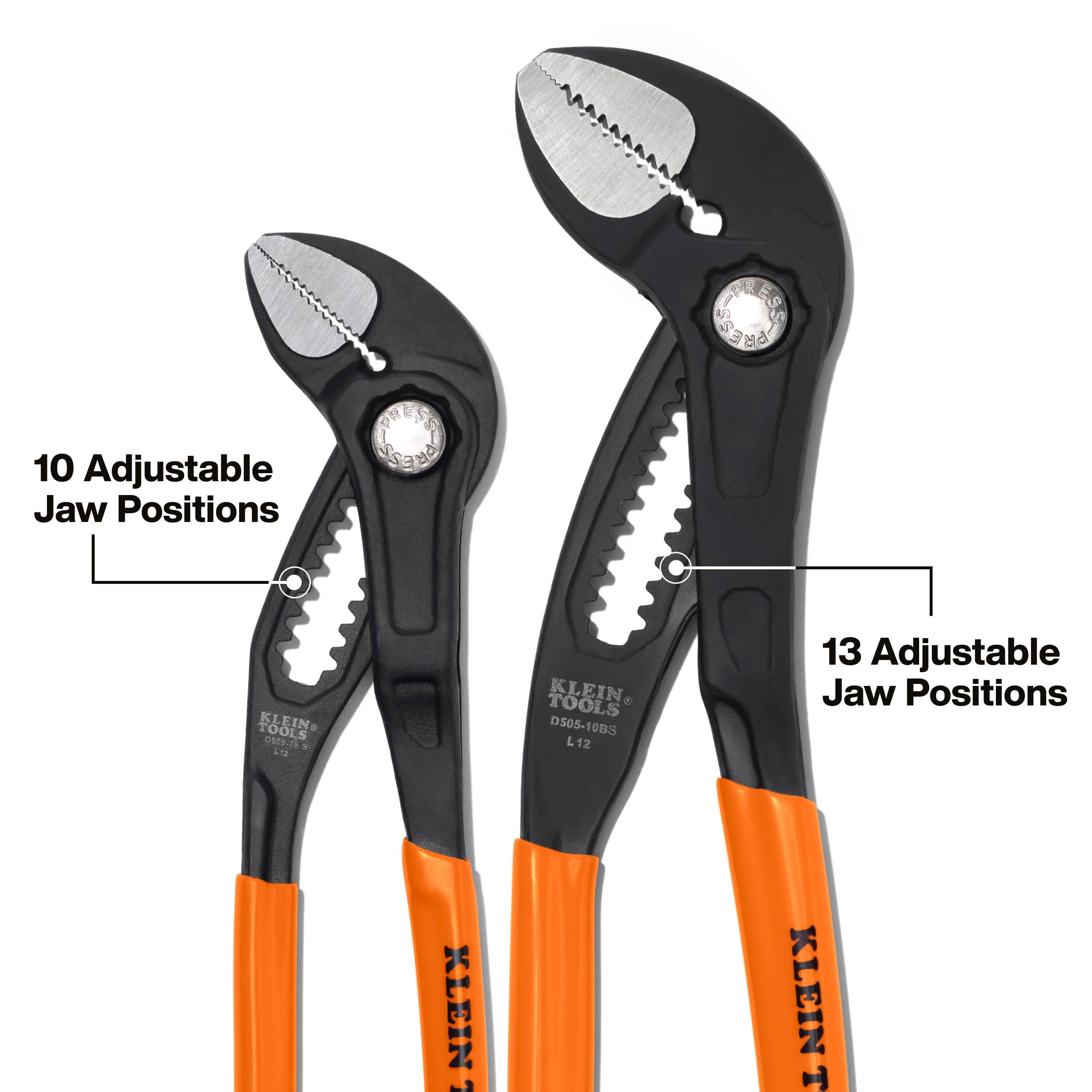 Heat-treated straight jaws on Klein pump pliers showing directional teeth for reduced wear and non-slip gripping torque.