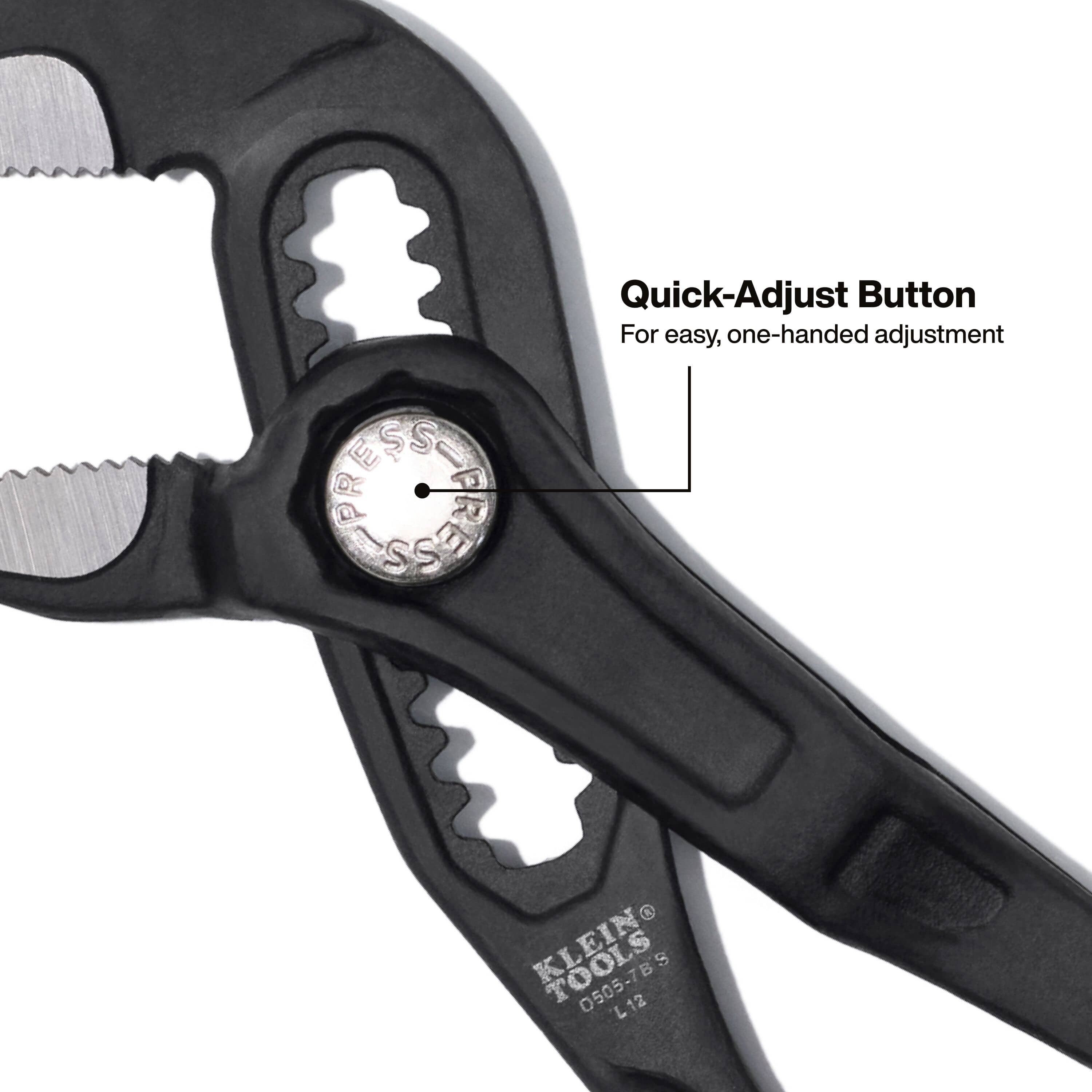 Close-up of the press-button quick-adjust joint mechanism enabling rapid one-handed jaw sizing on Klein pump pliers.