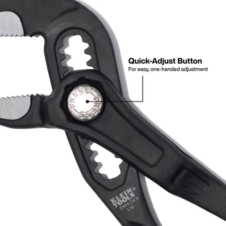 Close-up of the press-button quick-adjust joint mechanism enabling rapid one-handed jaw sizing on Klein pump pliers.