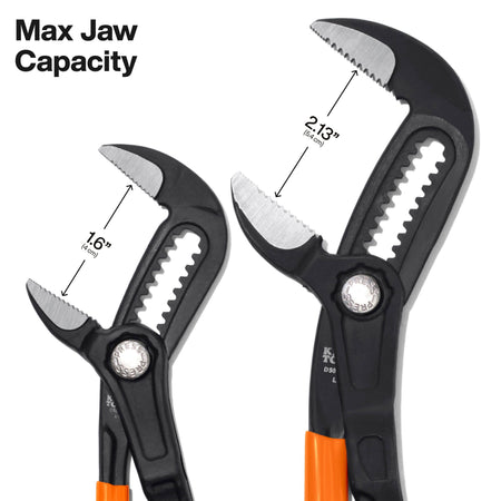 Maximum jaw capacity callout showing 1.6-inch opening on the 7-inch plier and 2.13-inch opening on the 10-inch plier.