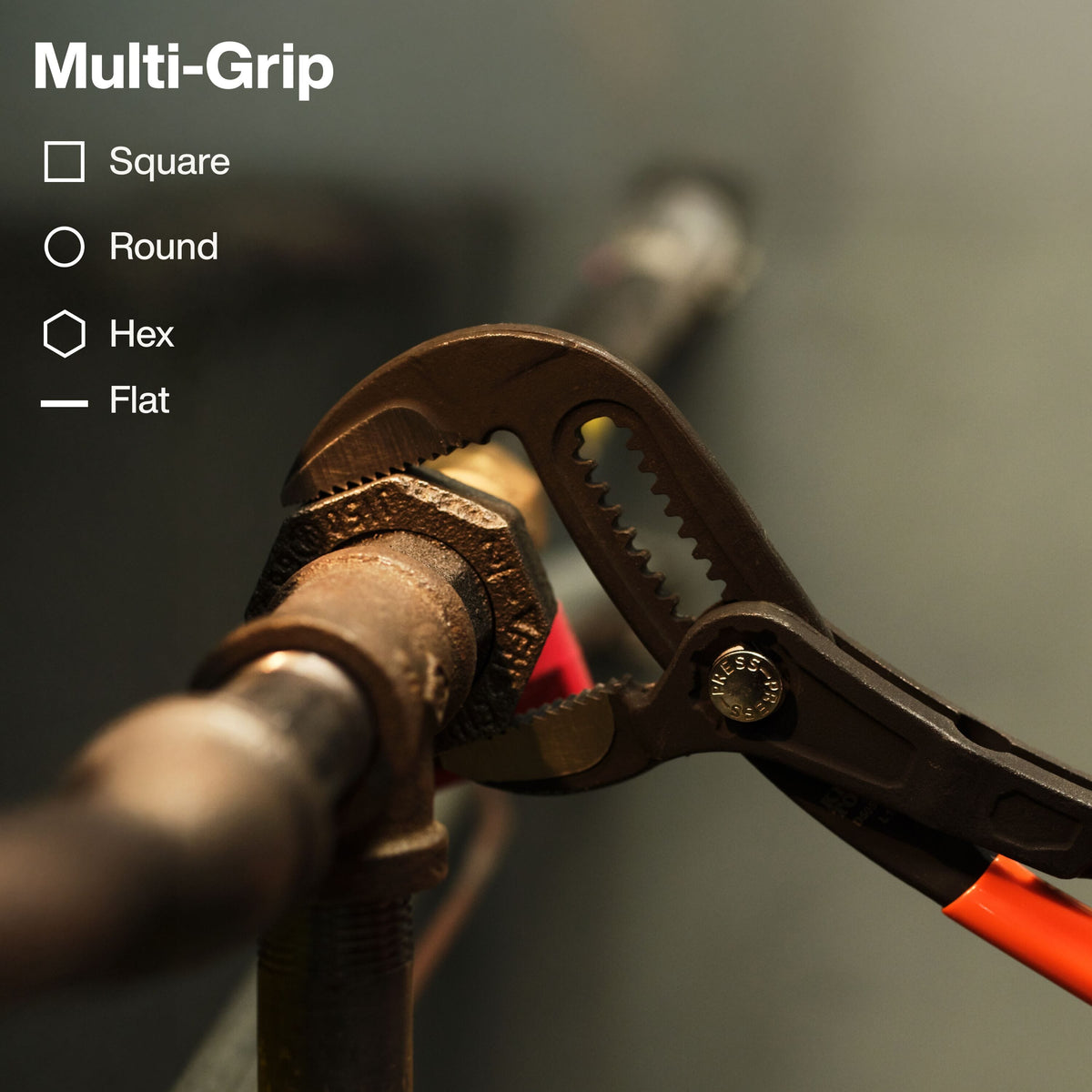 Klein Tools D5052BS plier gripping a threaded pipe coupling illustrating multi-grip action on square, round, hex, and flat stock.