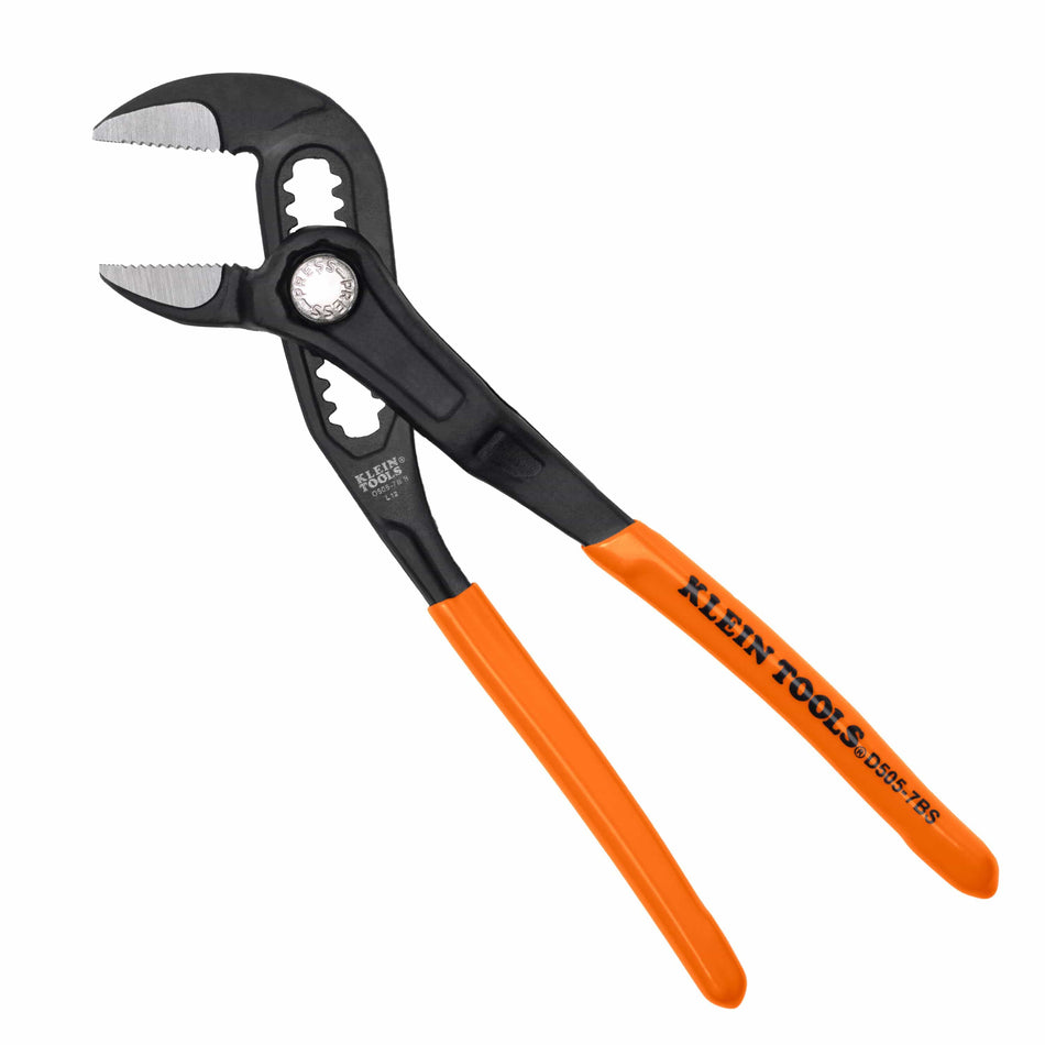 Klein Tools D5057BS 7-inch quick-adjust pump pliers with open straight jaws and orange plastic-dipped handles for small pipe fitting work.