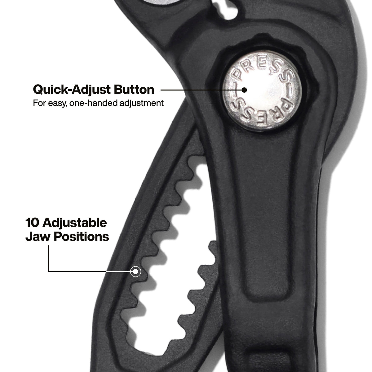 Detail of the quick-adjust push button on Klein D5057BS pliers showing 10 adjustable jaw positions for precise one-handed sizing.