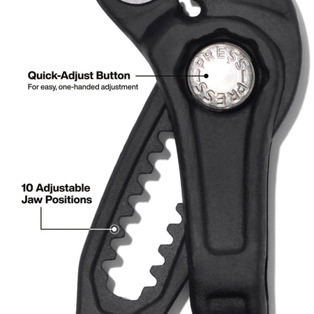 Detail of the quick-adjust push button on Klein D5057BS pliers showing 10 adjustable jaw positions for precise one-handed sizing.