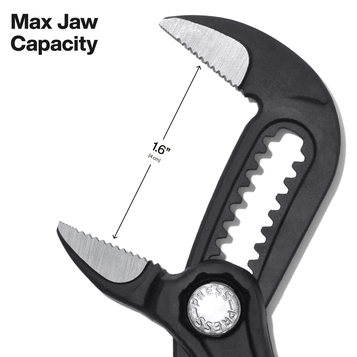 Fully opened straight jaws on Klein D5057BS pump pliers demonstrating a maximum jaw capacity measurement of 1.6 inches.