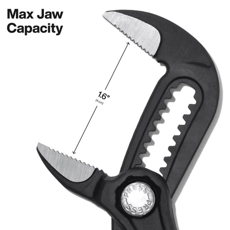 Fully opened straight jaws on Klein D5057BS pump pliers demonstrating a maximum jaw capacity measurement of 1.6 inches.