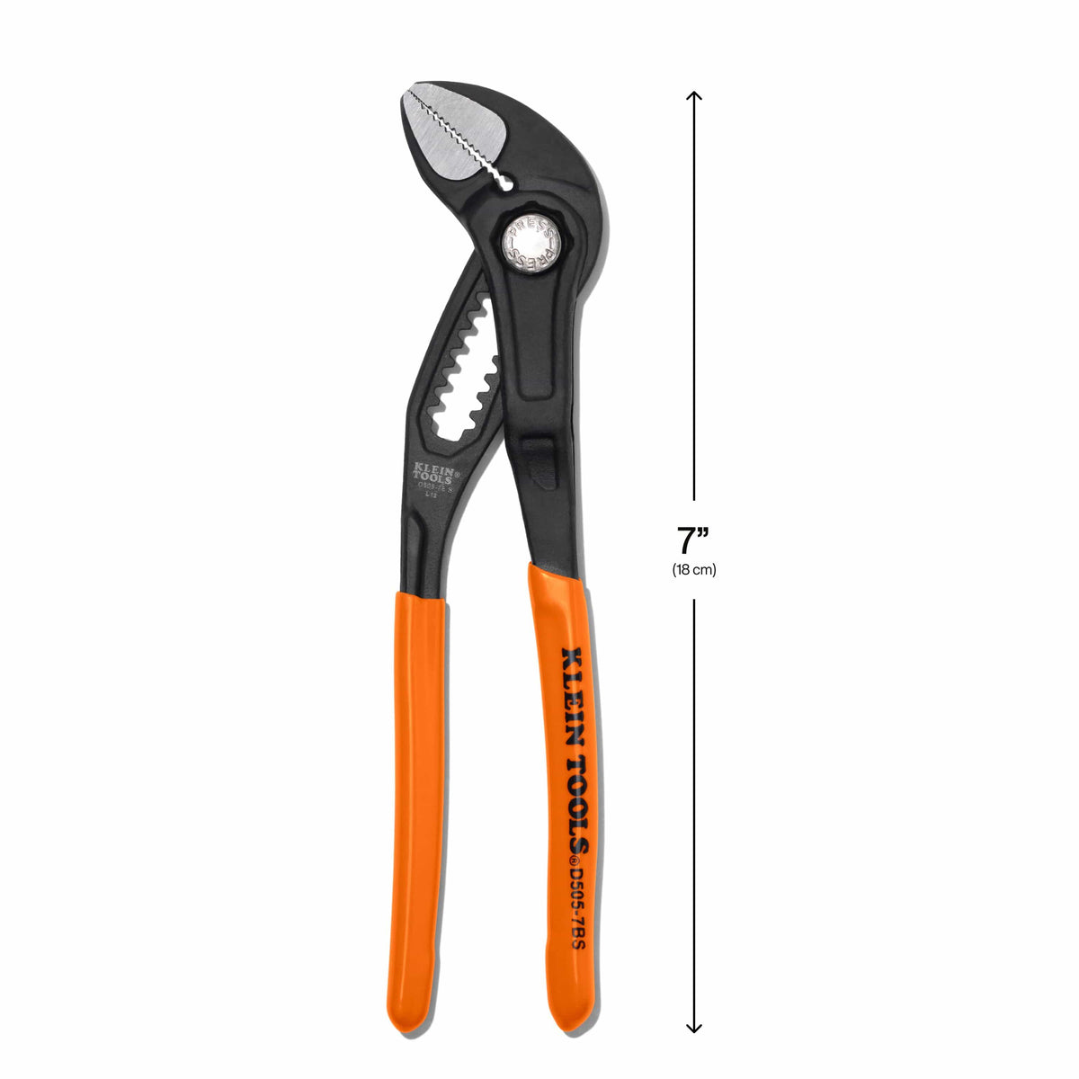Overall length dimension diagram indicating the 7-inch total profile of Klein Tools D5057BS straight jaw quick-adjust pump pliers.