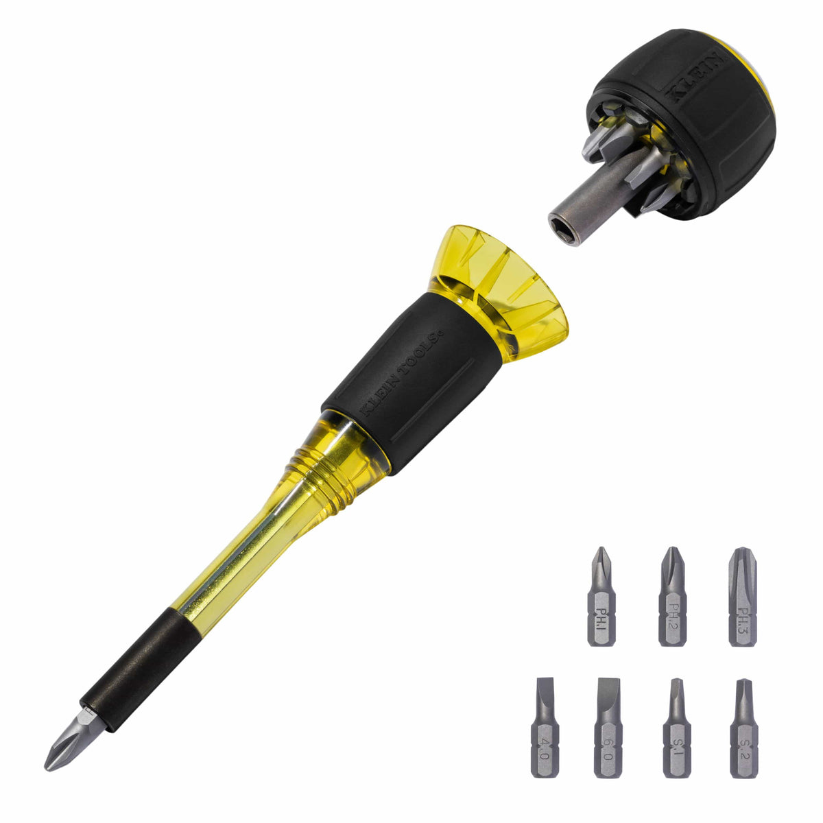 Klein Tools 32961A 8-in-1 Tru-Grip screwdriver showing detachable stubby handle assembly and included Phillips, slotted, and square bit tips.