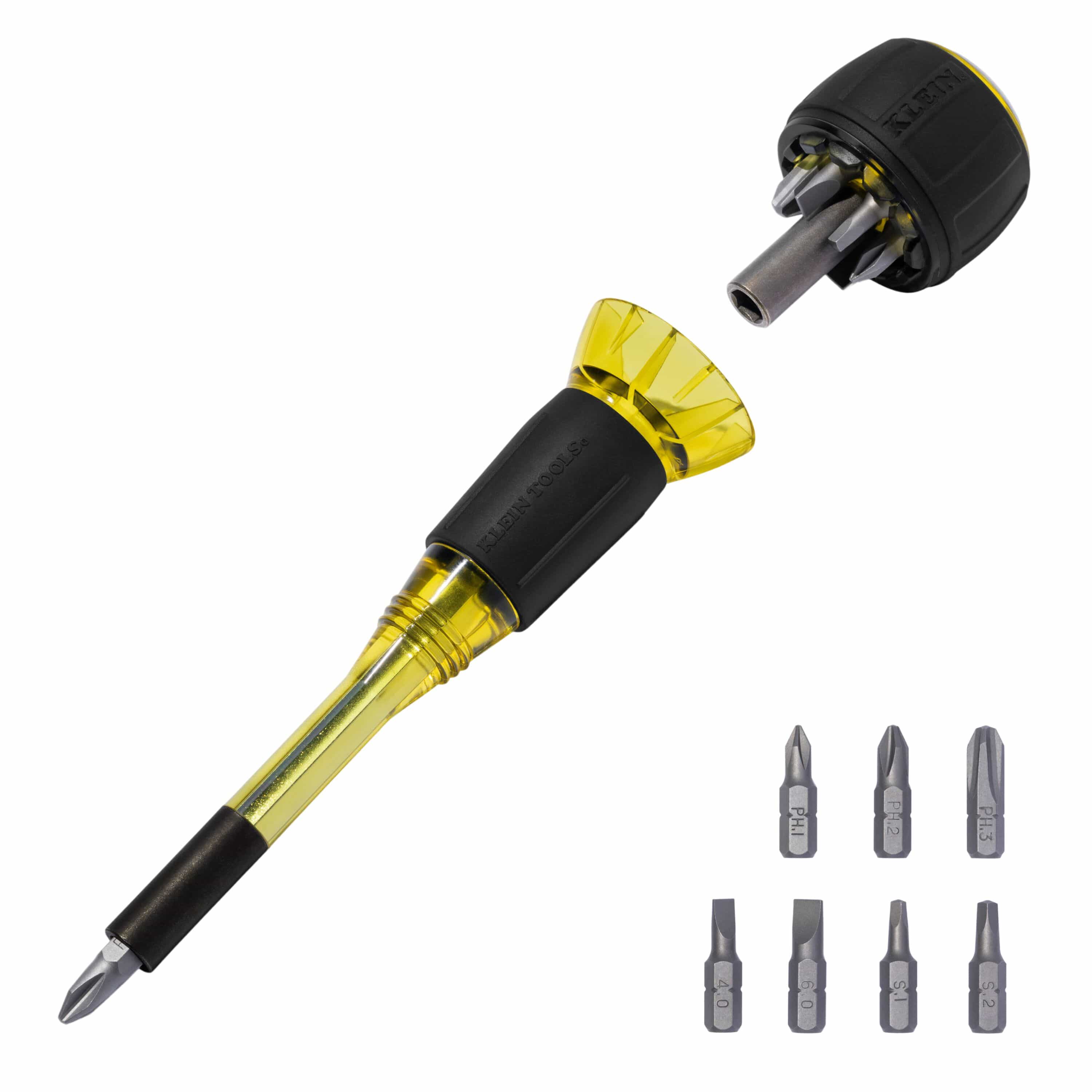 Klein Tools 32961A 8-in-1 Tru-Grip screwdriver showing detachable stubby handle assembly and included Phillips, slotted, and square bit tips.