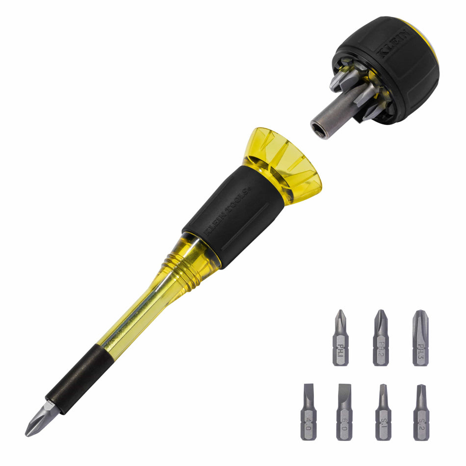 Klein Tools 32961A 8-in-1 Tru-Grip screwdriver showing detachable stubby handle assembly and included Phillips, slotted, and square bit tips.