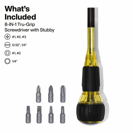 Included pieces overview for Klein Tools 32961A driver highlighting #1, #2, #3 Phillips, 5/32 and 1/4 inch slotted, #1, #2 square, and 1/4 inch nut driver capacity.